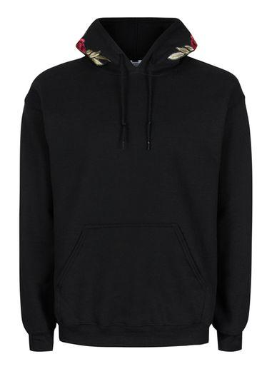 Topman Mens Black Embroidered Rose Classic Fit Hoodie