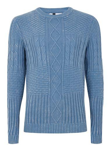 Topman Mens Blue Acid Wash Cable Knit Sweater