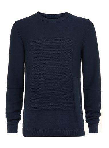 Topman Mens Blue Navy Colour Block Crew Neck Sweater