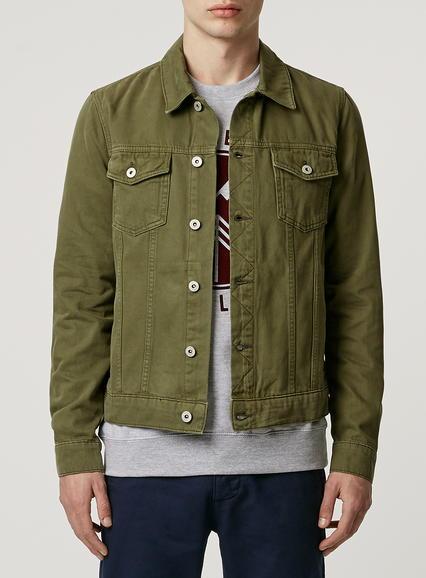 Topman Mens Green Khaki Denim Jacket