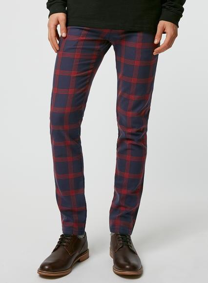 Topman Mens Blue Navy Red/check Stretch Skinny Chinos