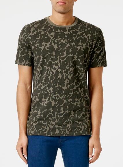 Topman Mens Green Khaki Faded Camo Slim Fit T-shirt
