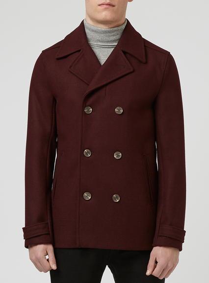 Topman Mens Red Burgundy Wool Blend Peacoat