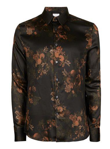 Topman Mens Green Floral Print Dress Shirt
