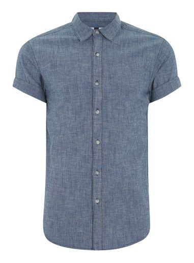 Topman Mens Blue Denim Chambray Short Sleeve Muscle Shirt