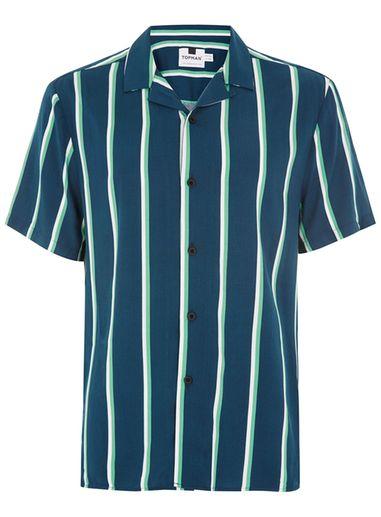 Topman Mens Blue Navy Stripe Print Revere Shirt