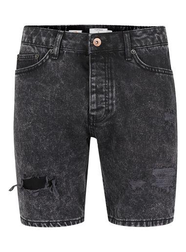 Topman Mens Black Acid Wash Ripped Slim Denim Shorts