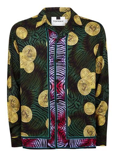 Topman Mens Multi Bitcoin Print Long Sleeve Revere Shirt