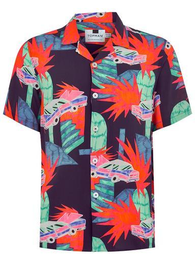 Topman Mens Blue Car Short Sleeve Shirt