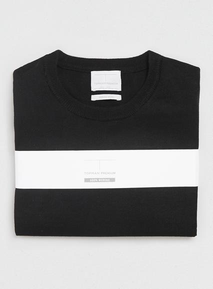 Topman Mens Premium 100% Merino Black Crew Sweater