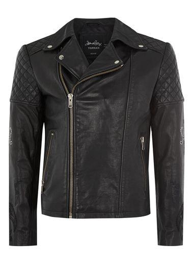 Topman Mens James Bay X Topman Black Embroidered Leather Biker Jacket