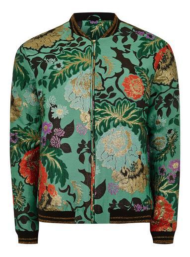 Topman Mens Green And Gold Jacquard Bomber Jacket