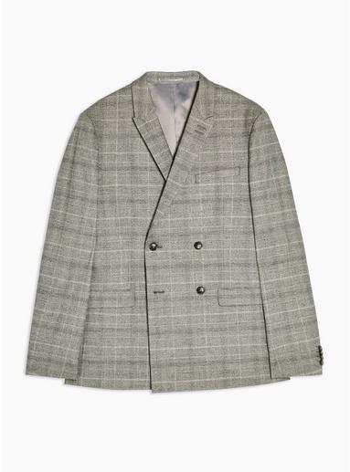 Topman Mens Grey Gray Check Skinny Fit Double Breasted Suit Blazer With Peak Lapels