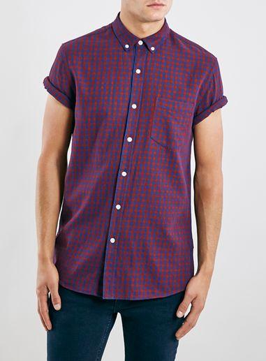 Topman Mens Red Burgundy/navy Gingham Short Sleeve Casual Shirt