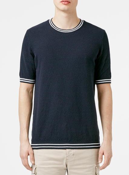 Topman Mens Blue Navy Short Sleeve Textured Crew Neck Sweater