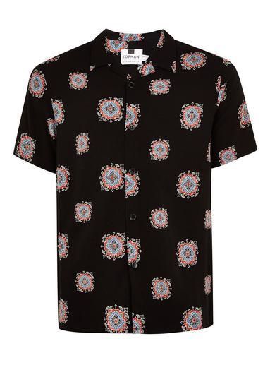 Topman Mens Black Geometric Short Sleeve Shirt