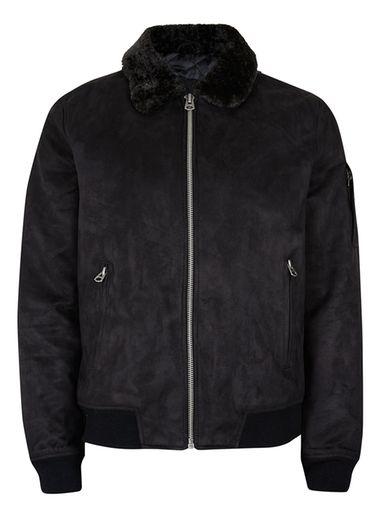 Topman Mens Black Faux Fur Collar Flight Jacket