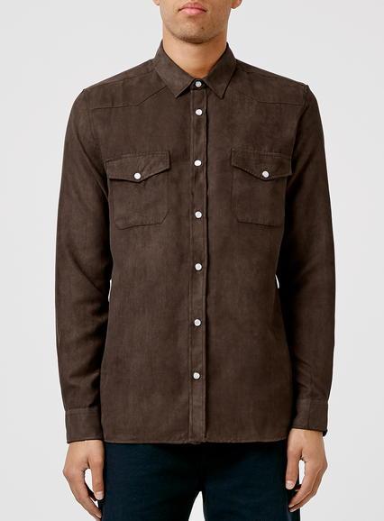 Topman Mens Brown Chocolate Faux Suede Western Casual Shirt