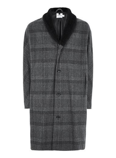 Topman Mens Black Gray Check Faux Fur Collared Coat