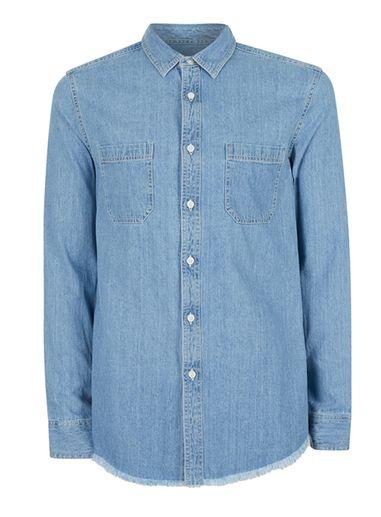 Topman Mens Blue Stone Wash Denim Short Sleeve Casual Shirt