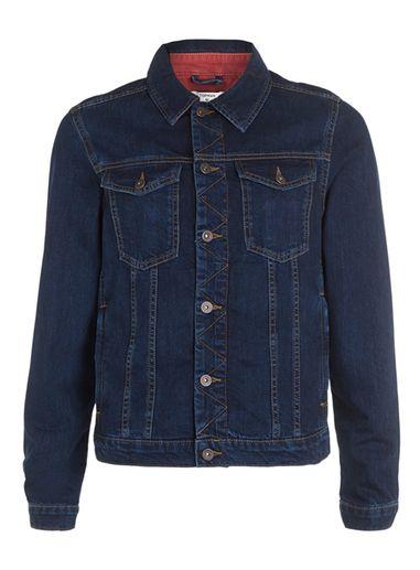 Topman Mens Blue Dark Indigo Western Denim Jacket With Red Lining