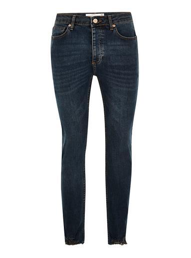Topman Mens Grey Grayed Off Blue Raw Hem Stretch Jeans