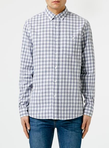 Topman Mens Navy And Grey Twist Gingham Long Sleeve Casual Shirt