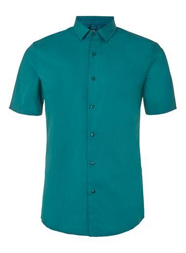 Topman Mens Green Teal Stretch Short Sleeve Dress Shirt