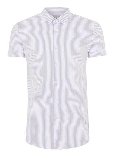 Topman Mens White And Blue Stripe Muscle Short Sleeve Shirt