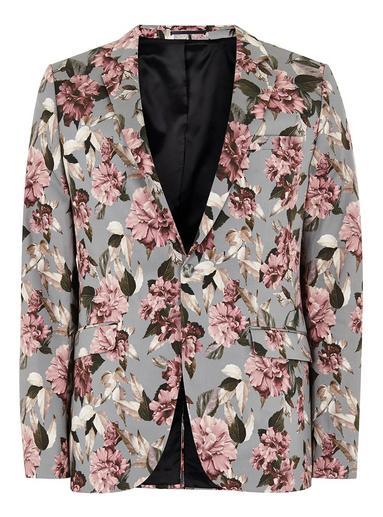 Topman Mens Grey Gray Rose Print Ultra Skinny Blazer