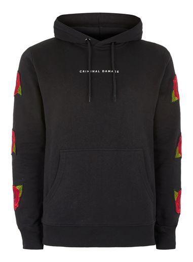 Topman Mens Criminal Damage Black Roses Hoodie