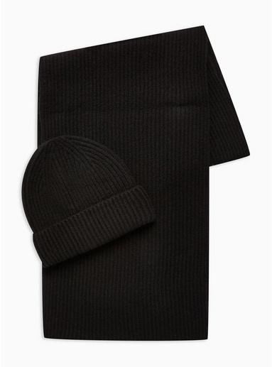 Topman Mens Black Lambswool Ribbed Beanie And Scarf Set