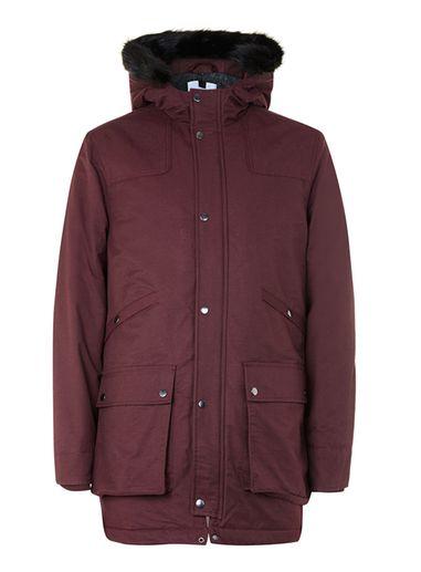 Topman Mens Red Burgundy Faux Fur Hood Parka