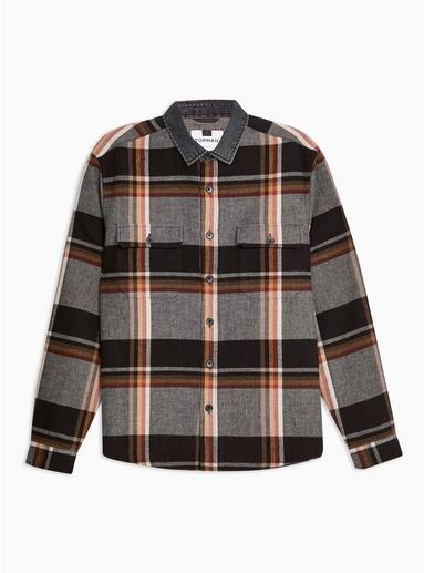 Topman Mens Grey Black Denim Collar Check Slim Shirt