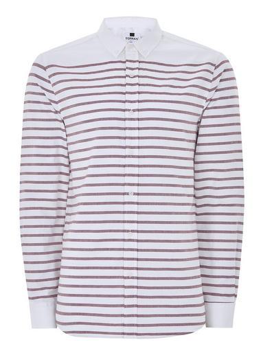 Topman Mens Red White And Burgundy Stripe Long Sleeve Shirt