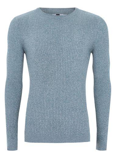 Topman Mens Blue And White Muscle Fit Ribbed Jumper