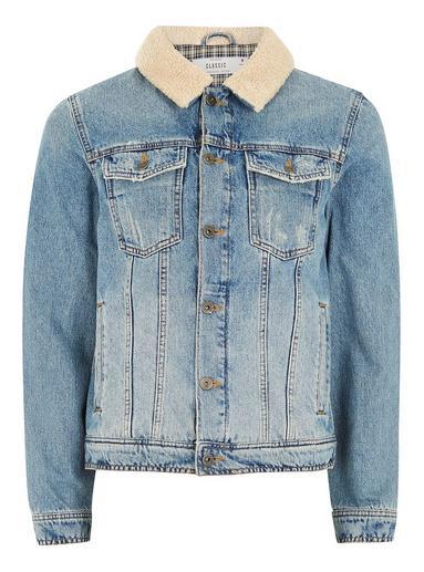 Topman Mens Blue Light Wash Borg Collar Denim Jacket