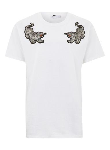 Topman Mens White Tiger Applique T-shirt