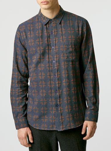 Topman Mens Blue Navy/brown Cross Jacquard Long Sleeve Casual Shirt