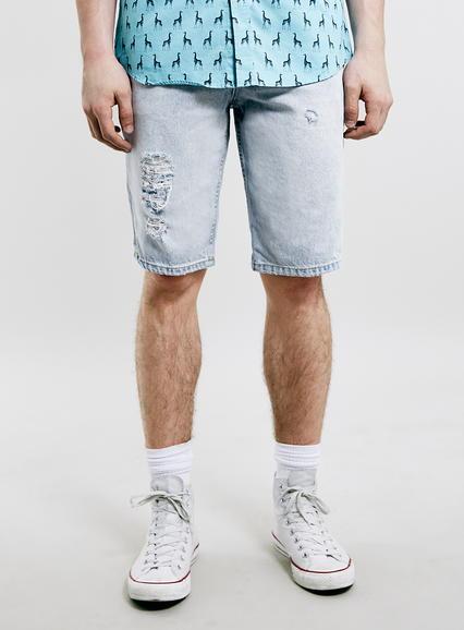 Topman Mens Blue Bleach Rip Denim Slim Shorts