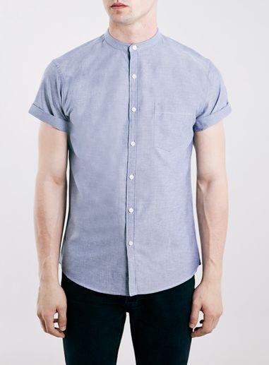 Topman Mens Blue Navy Oxford Stand Collar Short Sleeve Casual Shirt