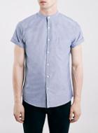 Topman Mens Blue Navy Oxford Stand Collar Short Sleeve Casual Shirt