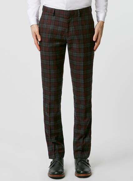 Topman Mens Red Burgundy Check Skinny Suit Pants