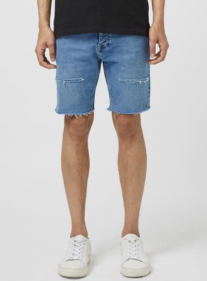 Topman Mens Mid Blue Raw Edge Rip Denim Shorts