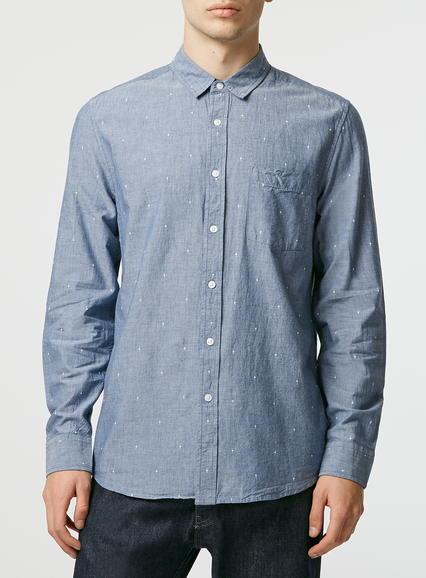 Topman Mens Blue Dobby Long Sleeve Casual Shirt