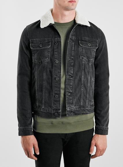 Topman Mens Washed Black Borg Denim Jacket