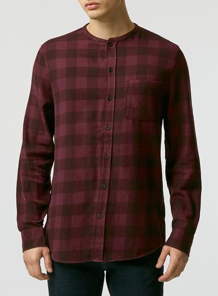Topman Mens Red Burgundy/black Buffalo Check Long Sleeve Stand Collar Shirt