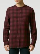 Topman Mens Red Burgundy/black Buffalo Check Long Sleeve Stand Collar Shirt