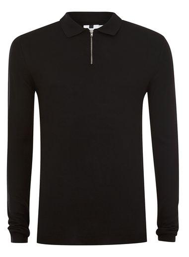 Topman Mens Black Muscle Fit Zip Polo