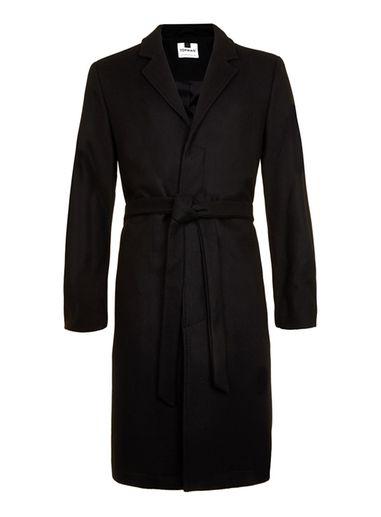 Topman Mens Black Wool Rich Belted Overcoat